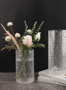 现代简约冰裂纹直筒玻璃水培插花花瓶摆件客厅餐厅酒店家居装饰品