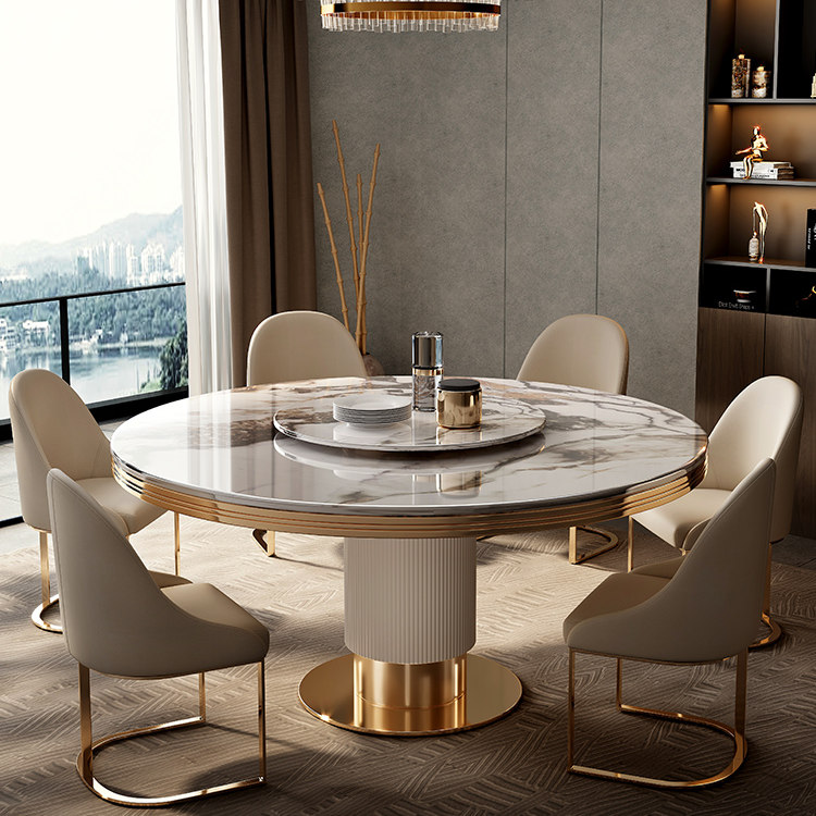 洛克威登意式轻奢桌子高端原创设计师极简内嵌转盘圆形餐桌