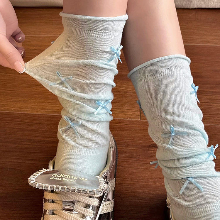 芭蕾风白色堆堆袜子女夏薄款蝴蝶结长筒袜显瘦小腿袜少女洛丽塔
