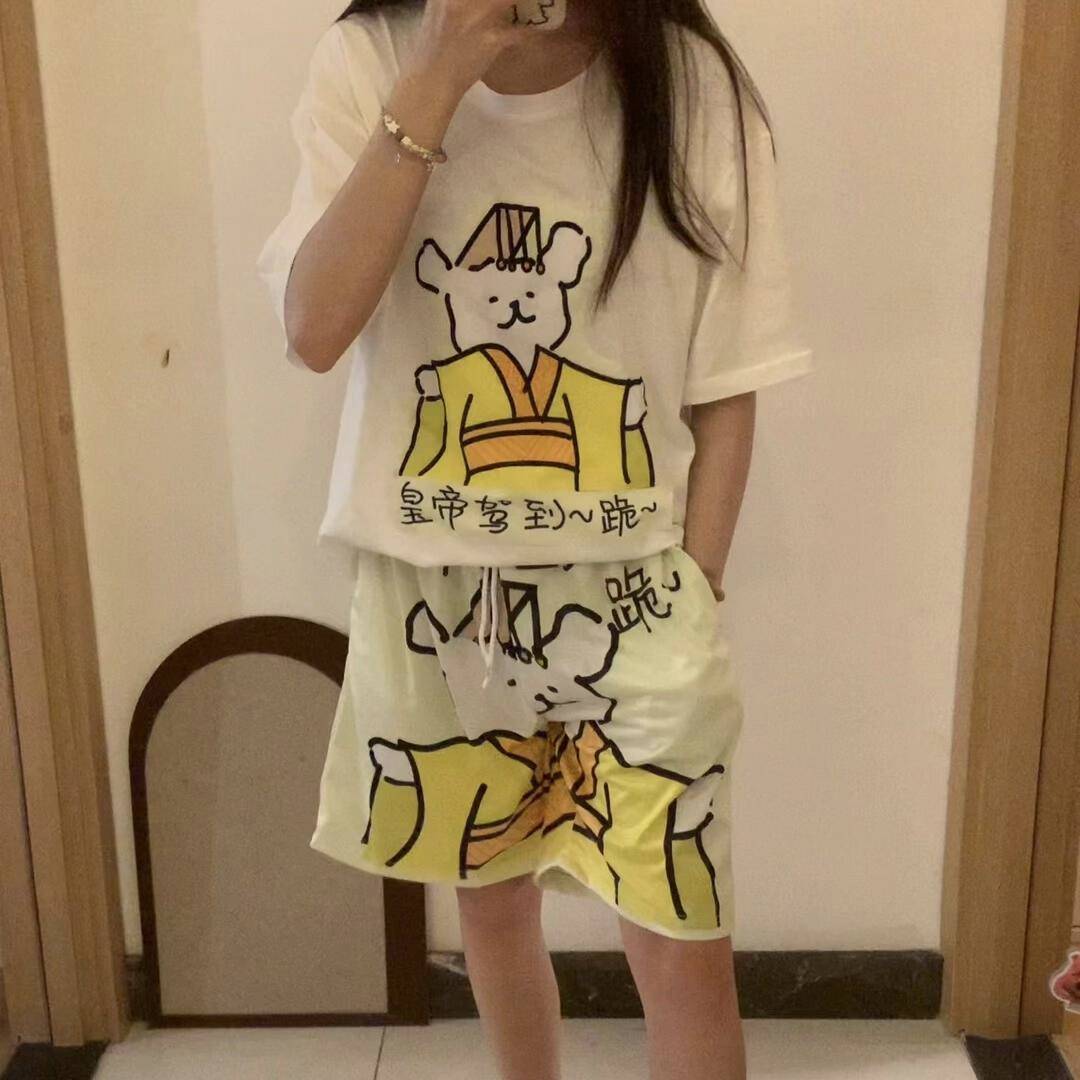 皇帝驾到跪表情包小皇帝线条小狗t恤短裤发光居家睡衣龙图短袖夏