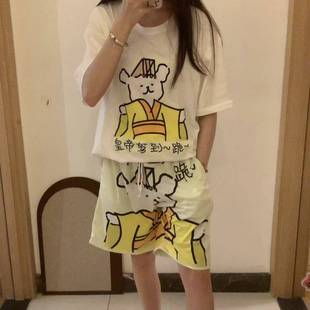 皇帝驾到跪表情包小皇帝线条小狗t恤短裤发光居家睡衣龙图短袖夏