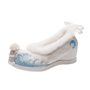 冬季汉服鞋子女内增高跟古风鞋古装加绒棉鞋复古中国风明制绣花鞋