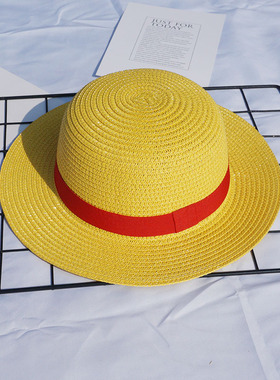 夏季户外防晒草帽男路飞同款道具儿童原色麦秆草帽黄色休闲沙滩帽