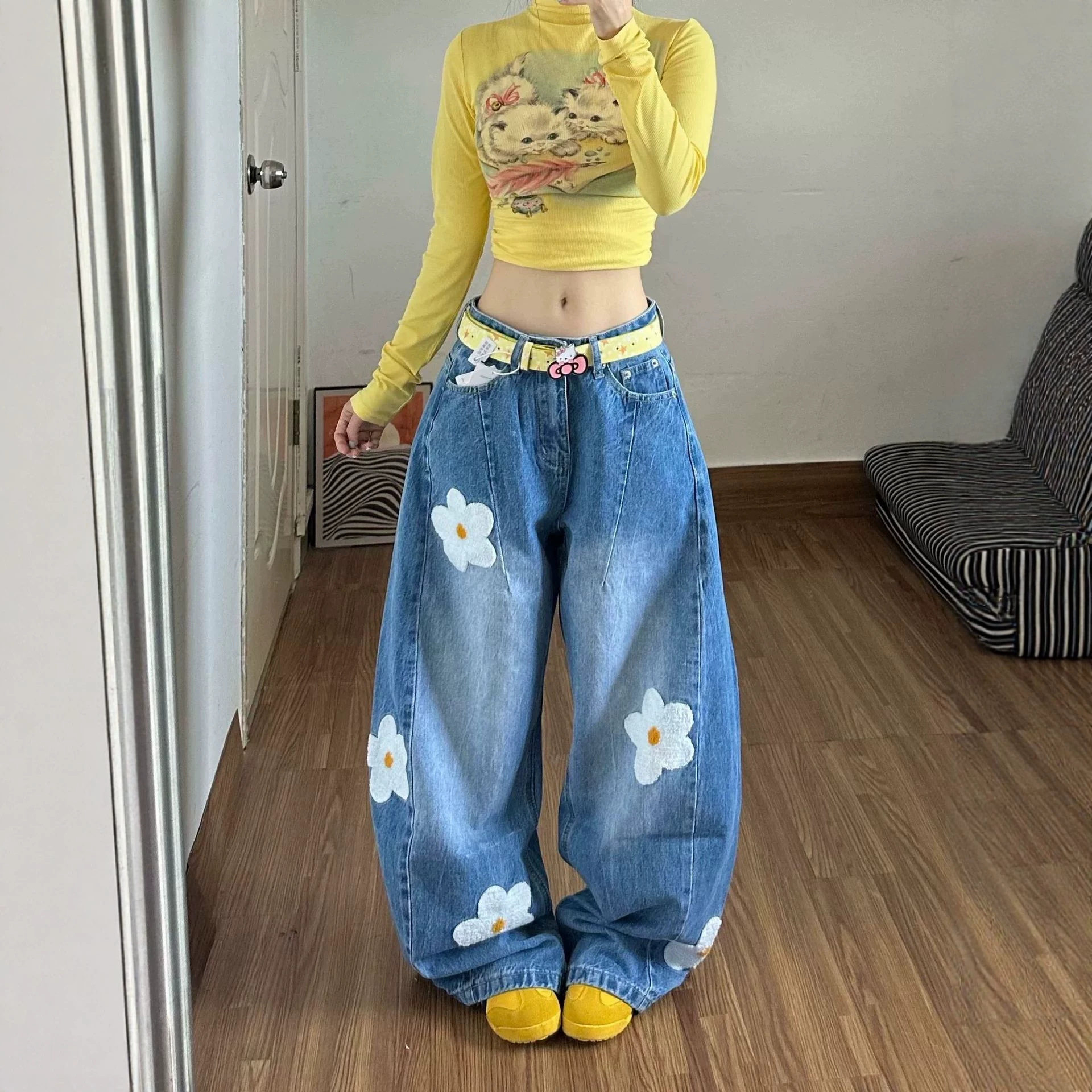美式毛巾绣花朵弯刀牛仔裤裤子男女宽松休闲百搭潮流直筒长裤潮