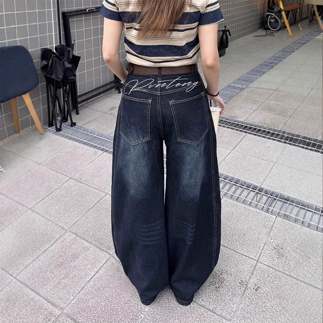 大码美式背后刺绣拼接弯刀裤牛仔裤女夏季新款复古阔腿七分裤短裤