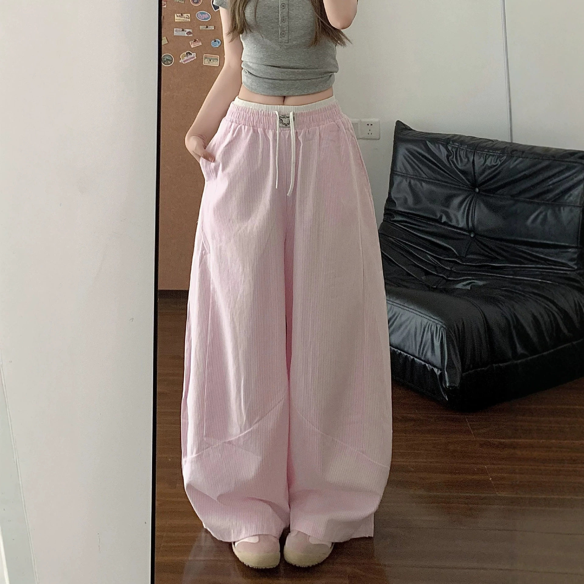 ONLPP美式复古慵懒风粉色条纹阔腿裤女抽绳宽松显瘦直筒休闲长裤