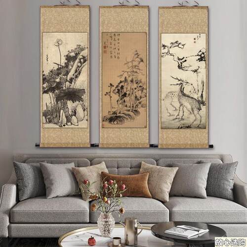明清名家八大山人丝绸画卷x轴画彷古装饰画朱耷鱼图山水画花鸟画