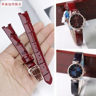 适用凹口表带女款酒红色真皮表带雷迈z6168L亮光表带14mm蝴蝶扣