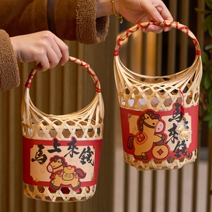 2026新年礼盒竹篮礼品盒年货包装盒马年牛轧糖雪花酥饼干空盒子
