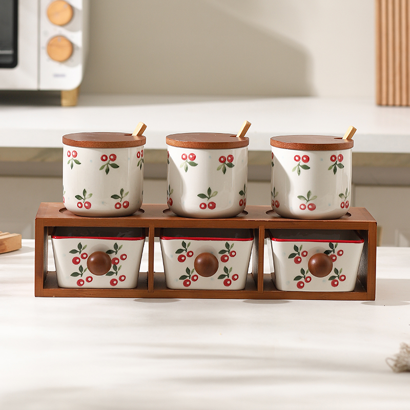 中式厨房陶瓷调味罐双层抽屉式家用调料盒调味瓶味精组合套装盐罐