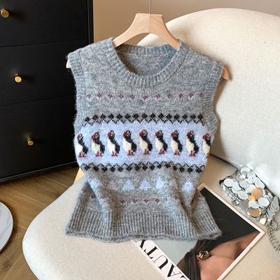 卡通企鹅提花圆领无袖马甲女秋冬