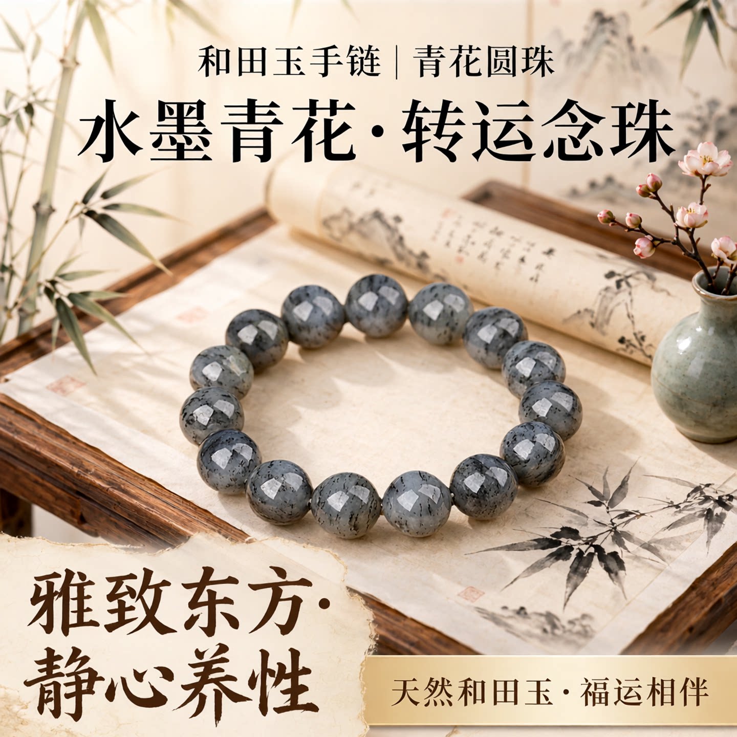 涵怡新疆和田玉青花圆珠手链
