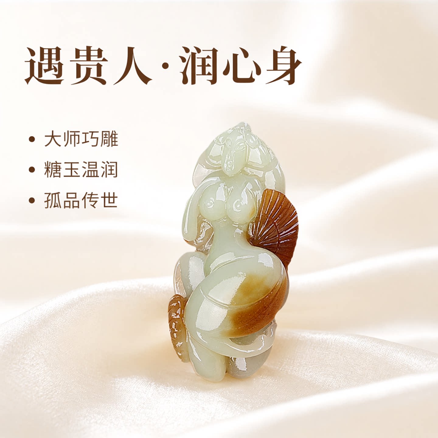 孤品大师工艺和田玉且末糖玉遇贵人吊坠仕女挂件裸女玉石项坠项链