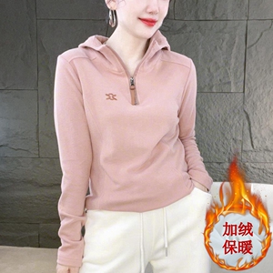 德绒卫衣女2024早春新款简约拉链时尚连帽套头衫休闲长袖保暖上衣