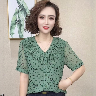 波点V领雪纺衫 新款 时尚 女士夏季 显瘦洋气上衣 洋气百搭短袖 T恤小衫
