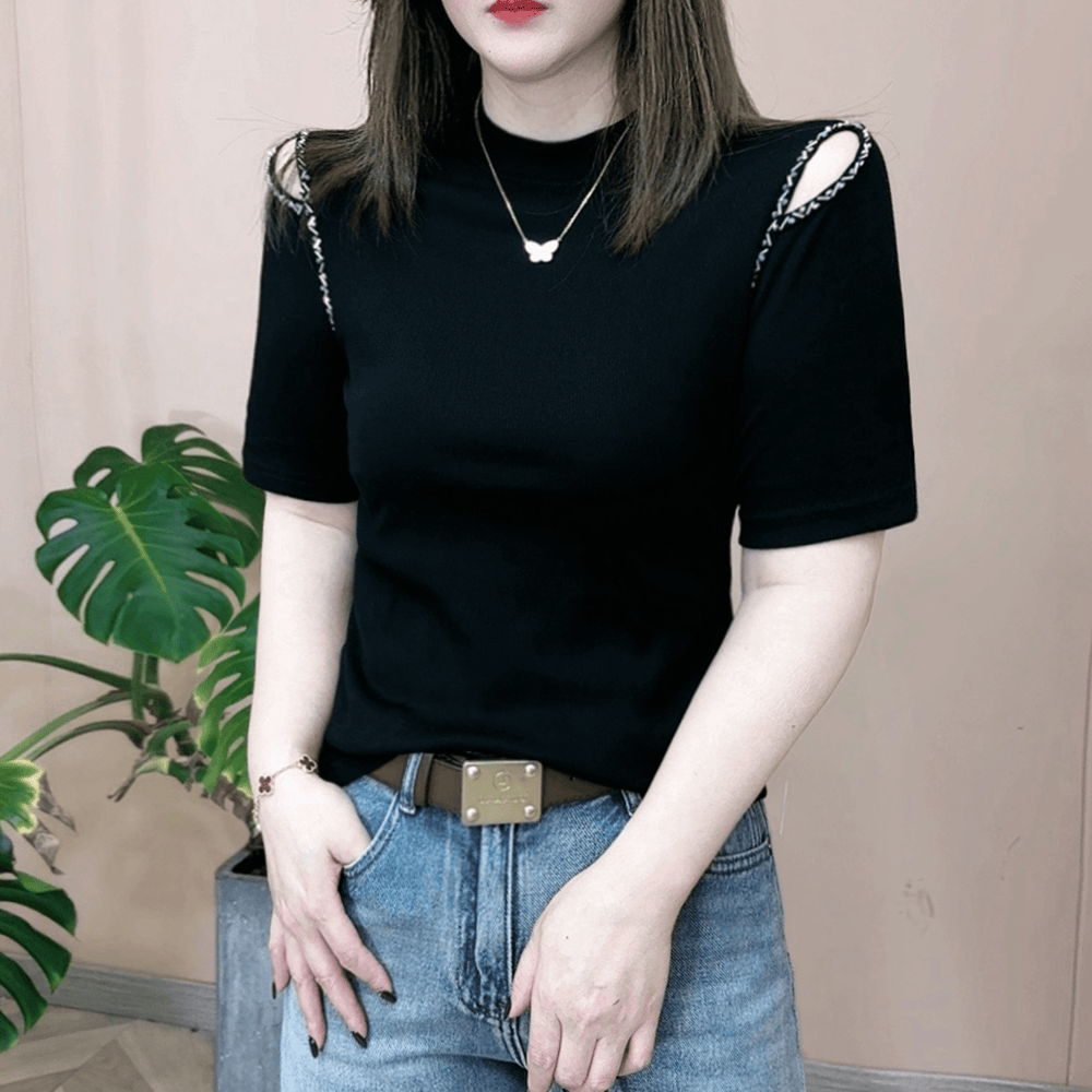 短袖t恤女2025春夏新款时尚露肩铆钉圆领半袖打底衫显瘦百搭上衣