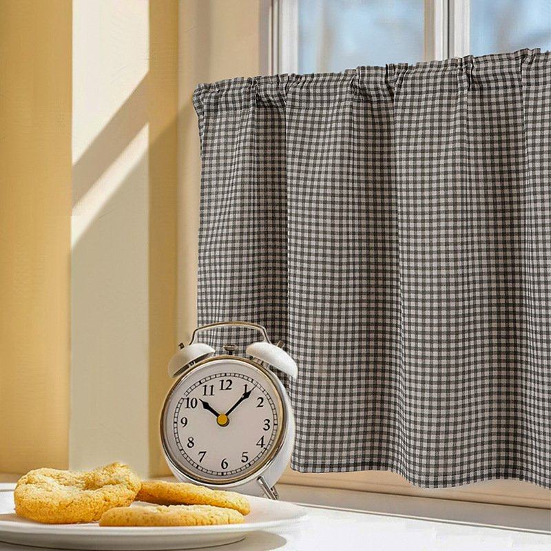 小清新布艺门帘隔断帘咖啡帘红色格子家用卧室厨房遮挡布帘半AQ76