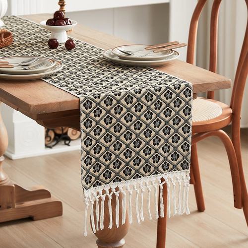 美式茶几撞色图案色织桌旗黑白波浪流苏编织桌巾AQ51