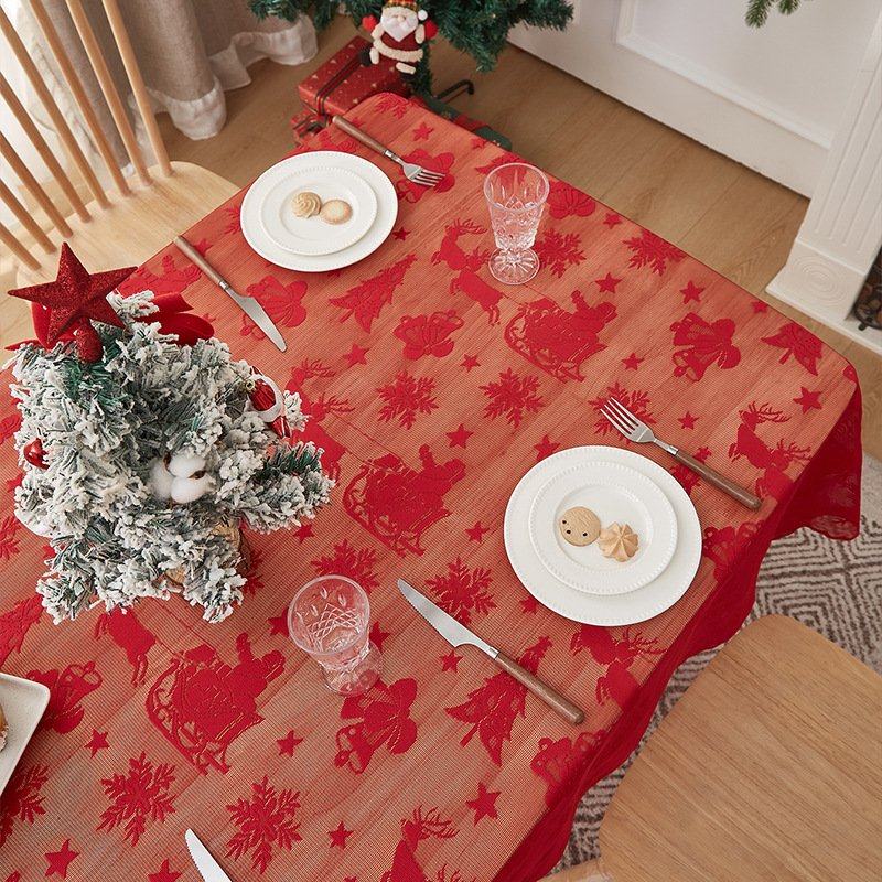 美式桌布圣诞主题餐桌布绿色蕾丝台布桌旗节日装饰桌布AQ12