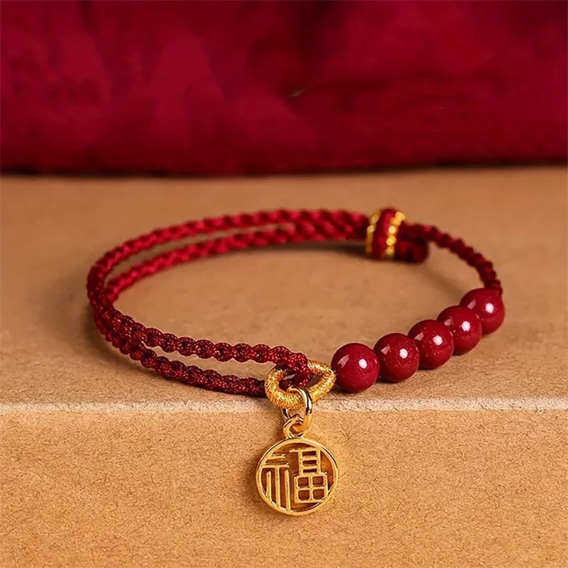 Handwoven Rope Imitation Cinnabar FU Pendant Bracelet for
