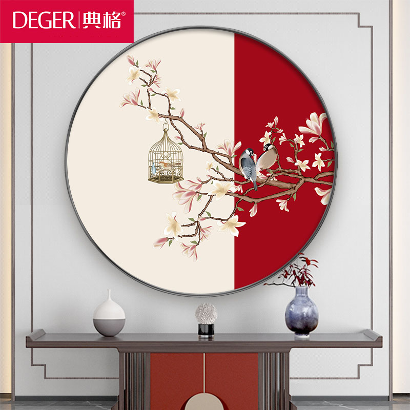 新中式禅意花鸟装饰画创意圆形餐厅挂画中国风喜上眉梢玄关壁画图片