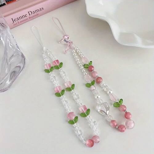 Cute Peach Beaded Mobile Phone Charm Strap Chain, Women