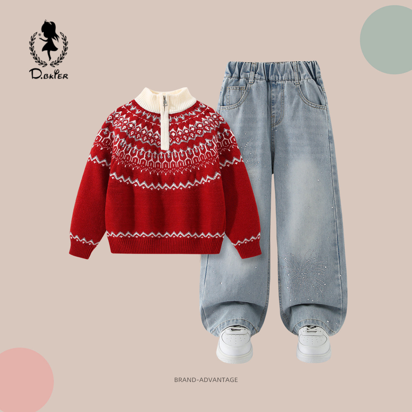 sesameclub女童毛衣套装红色衣服