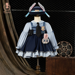 sesameclub童装女童公主裙春款长袖兔子警官儿童衣服日常可穿裙子