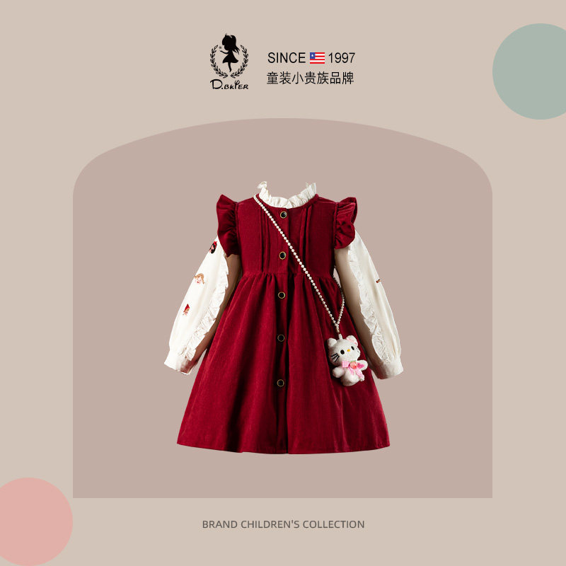 sesameclub女童连衣裙2026春季新款女孩长袖红色背心裙子儿童韩版
