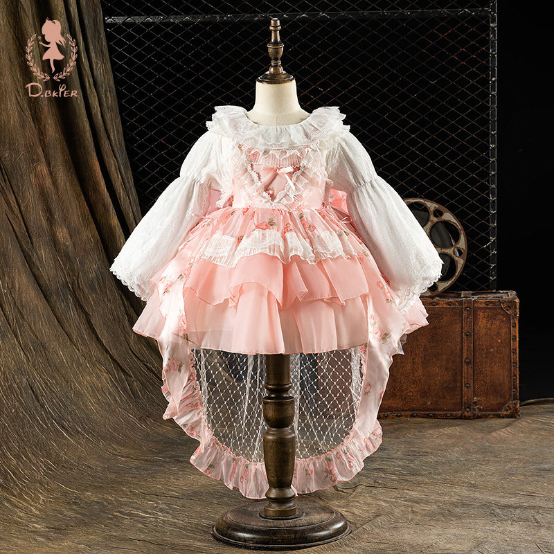 sesameclub童装女童公主裙春装生日拖尾裙蓬蓬裙儿童洛丽塔裙子