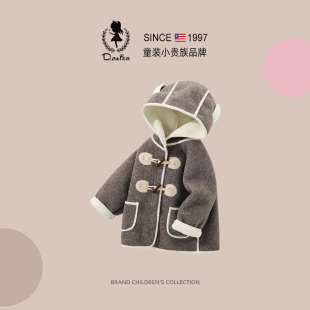 sesameclub女童呢子大衣冬季 加绒加厚外套潮 儿童毛呢熊耳朵中长款