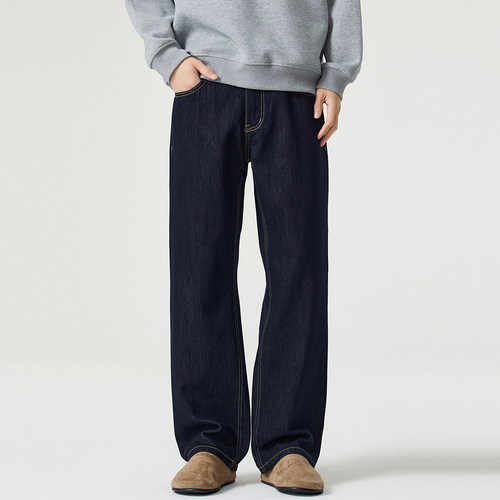 NO LOGO原色牛仔裤男春秋季宽松直筒美式复古cleanfit阔腿裤加绒
