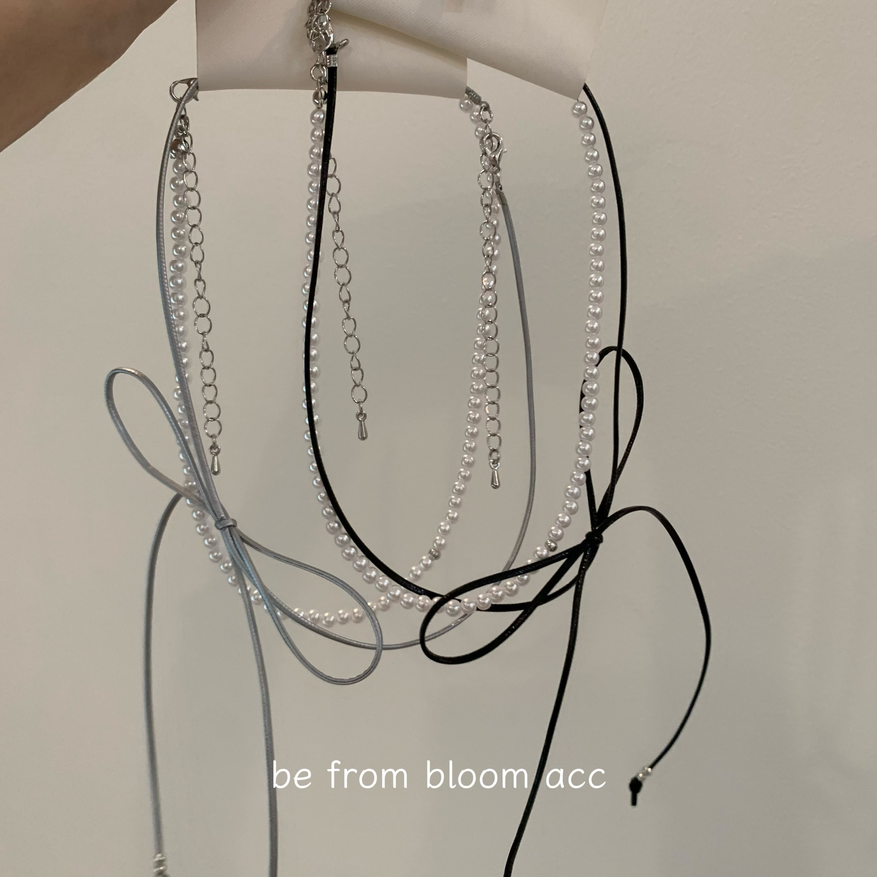 韩国东大门同款甜酷风PU皮蝴蝶结珍珠双层项链ins博主同款锁骨