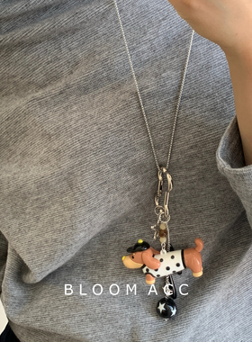 趣味可爱卡通斑点狗kt猫勺子蛋糕吊坠长款项链小众毛衣链配饰链女