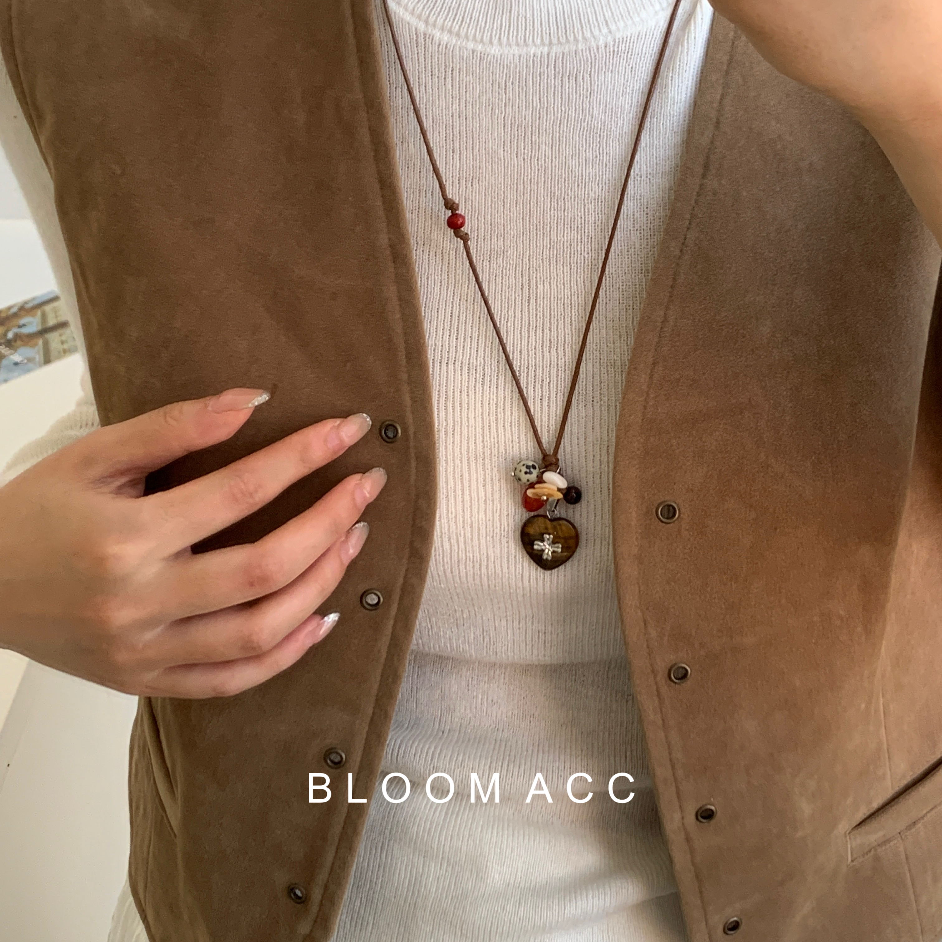 复古天然石爱心十字架吊坠编绳抽拉可调节项链复古百搭锁骨链