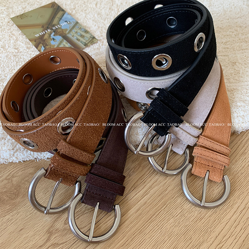 新款高品质ins风博主麂皮绒二层牛皮真皮皮带免打孔配饰带裤带女