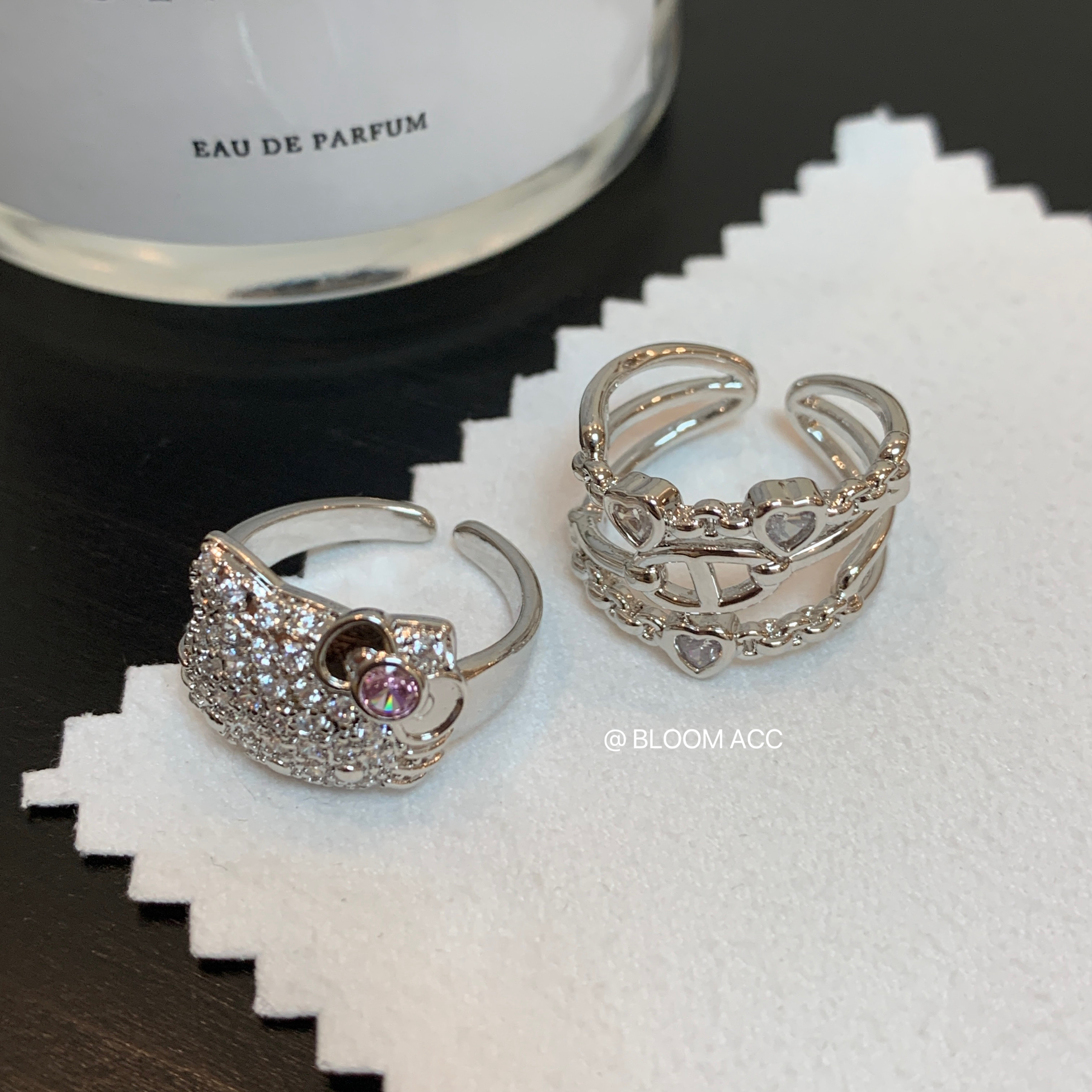 2024新款超闪满钻kt猫爱心镂空戒指小众时尚百搭戒指开口指环饰品