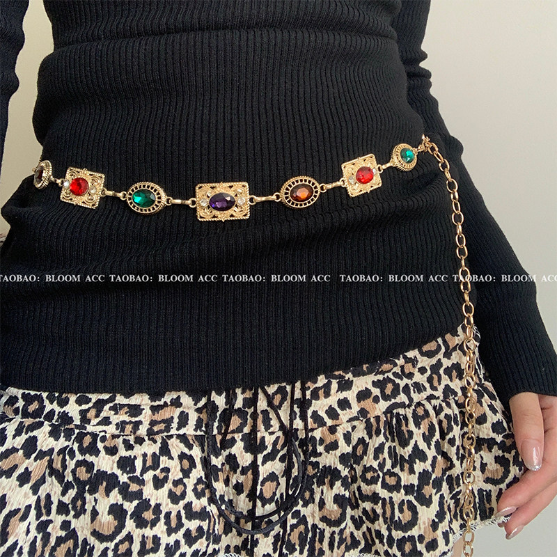 高级感轻奢复古vintage雕花彩色水钻合金腰链群子腰间配饰链女