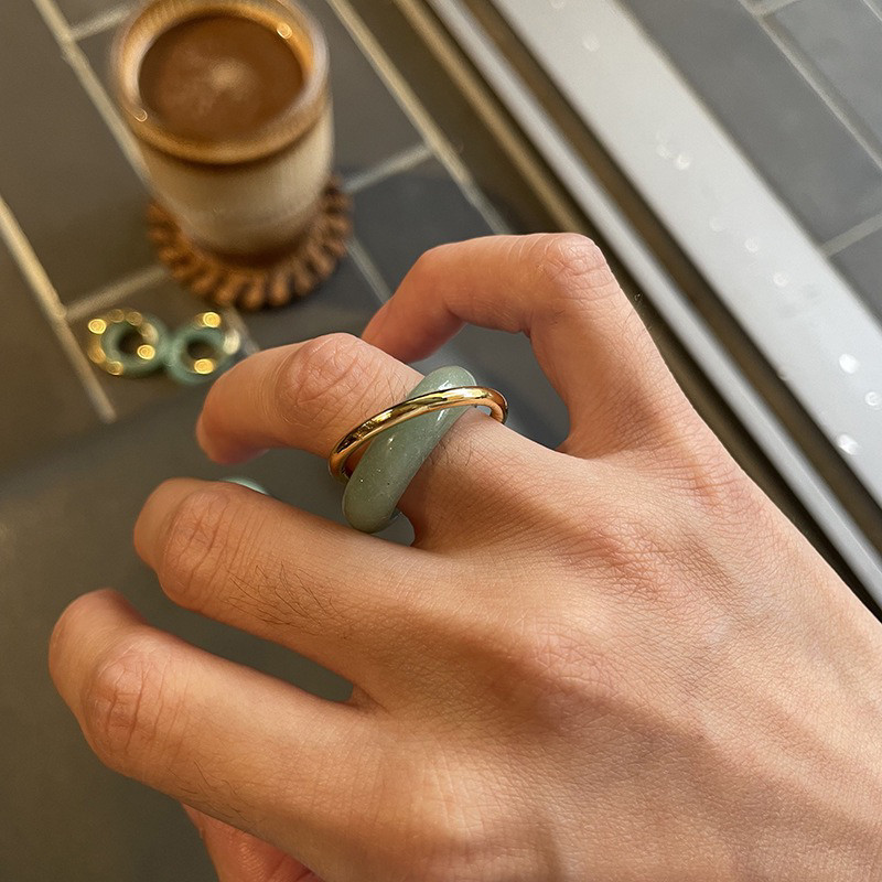 天然石斑点虎眼石戒指双层交错指环复古时髦几何撞色尾戒