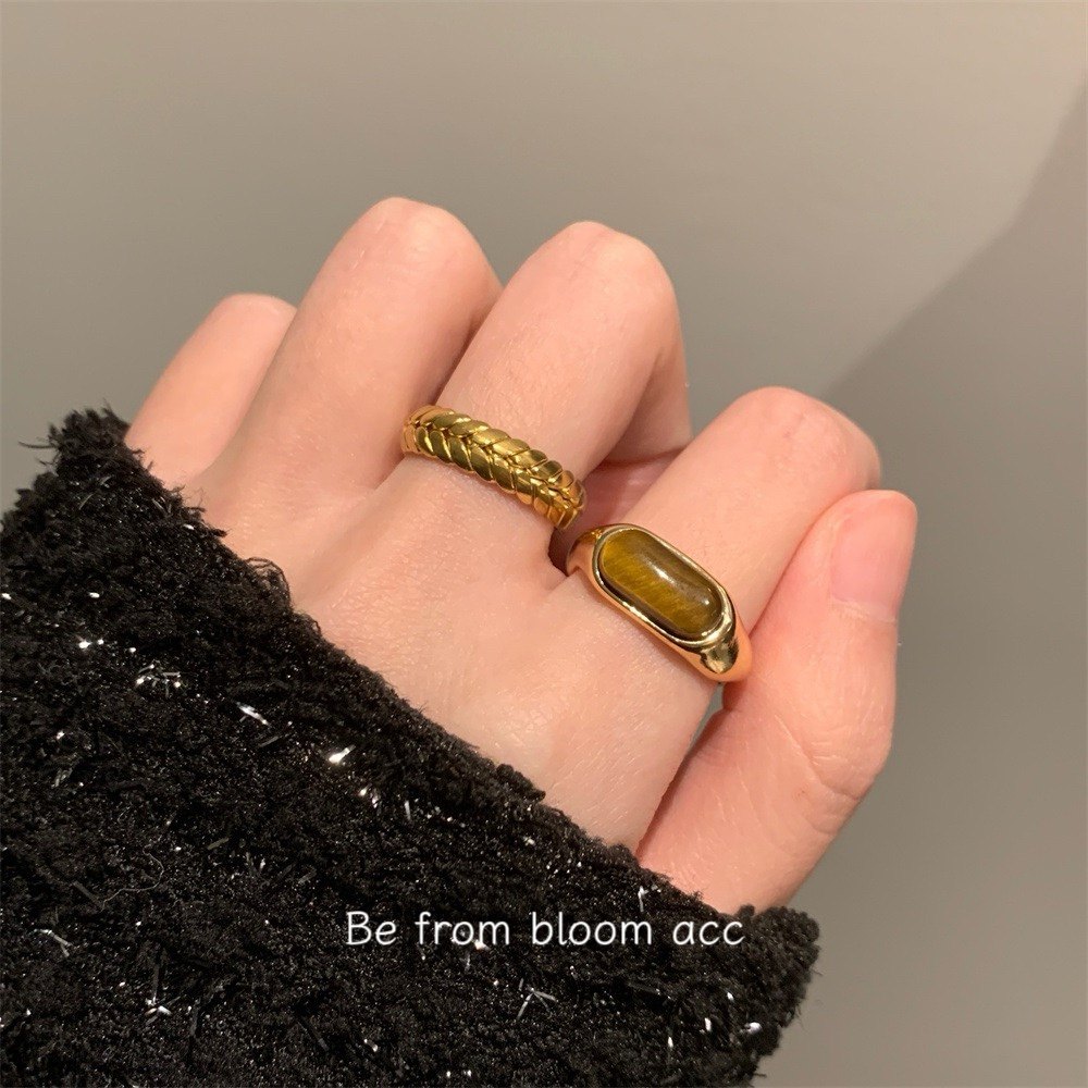 可调节高级感欧美复古镀天然虎眼石马鞍戒指女麦穗指环叠戴设计