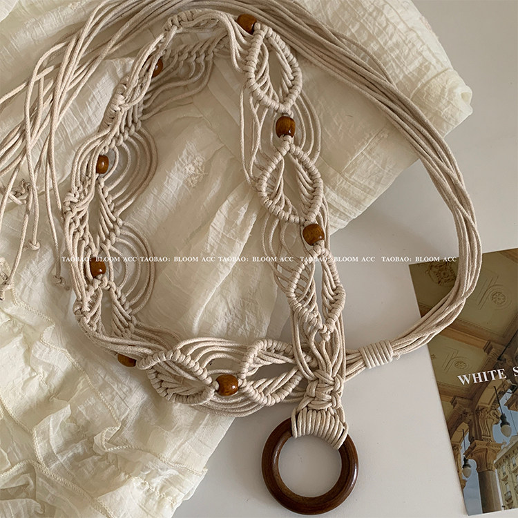 波西米亚风手工蜡绳木珠编织打结腰链腰绳度假风休闲百搭配饰带