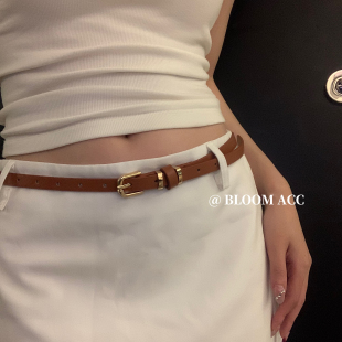 新款简约高级感棕色豹纹细版腰带腰封百搭休闲皮革皮带配饰装饰带