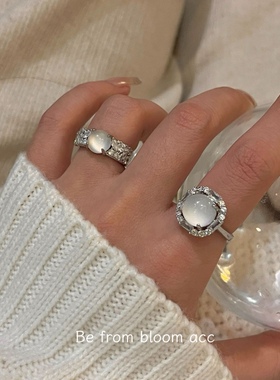 新中式国风戒指小众设计独特高级冰月戒指透亮猫眼石闪钻指环戒