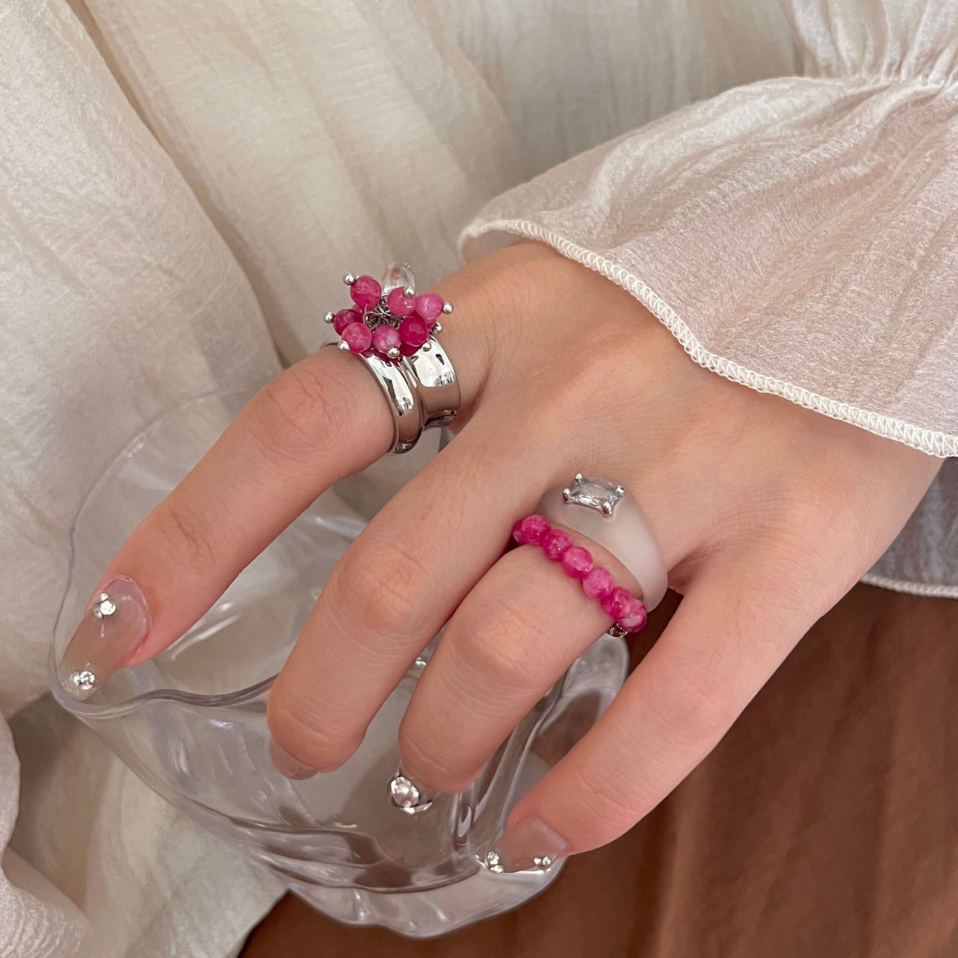 法式手工石榴石串珠双层高级感戒指 小众设计甜酷多巴胺甜酷指环