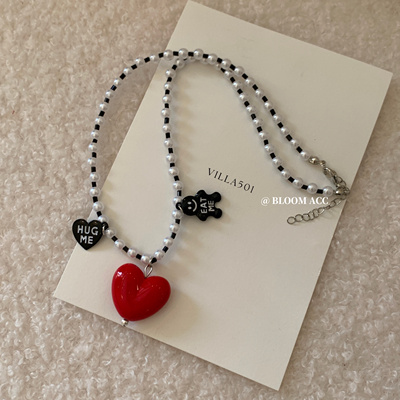 韩国东大门ins风珍珠红色爱心项链可爱淘气字母小熊锁骨链毛衣链