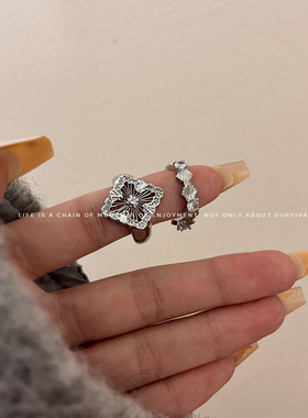 意大利四方形镂空花朵镶钻开口戒指 ins冷淡风铜镀金百搭指环戒子