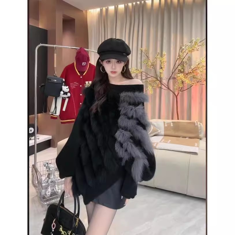 秋冬2024新款爆款仿水貂毛拼接蝙蝠袖针织上衣