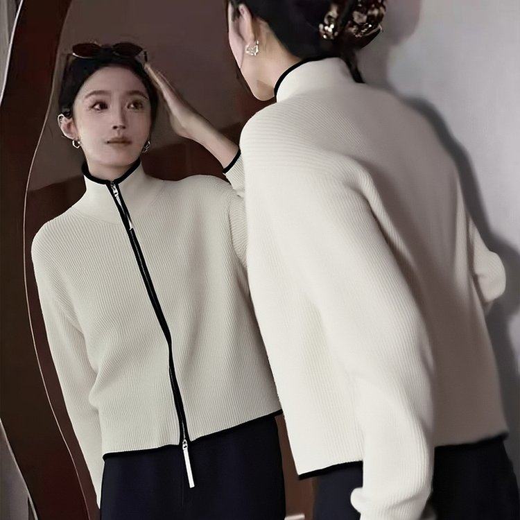 已出货 撞色高领双拉链针织开衫女2025秋季新款洋气时尚百搭上衣