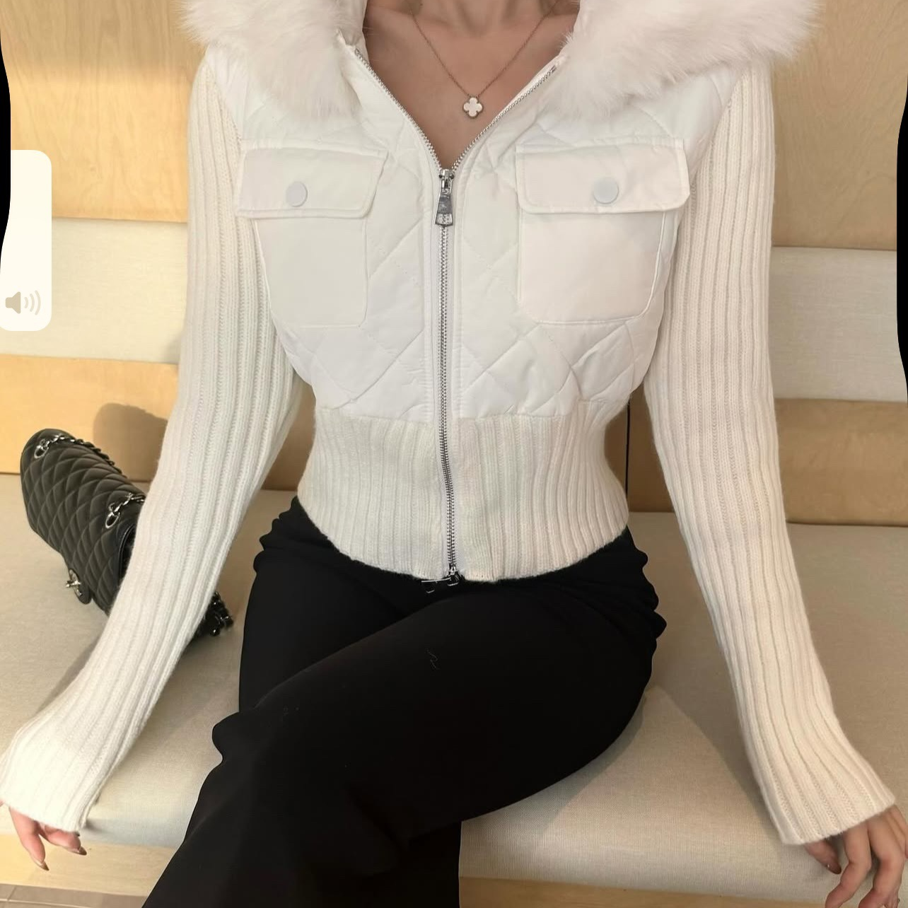 韩国东大门针织拼接双拉链短外套收腰显瘦仿皮草毛领棉服外套女