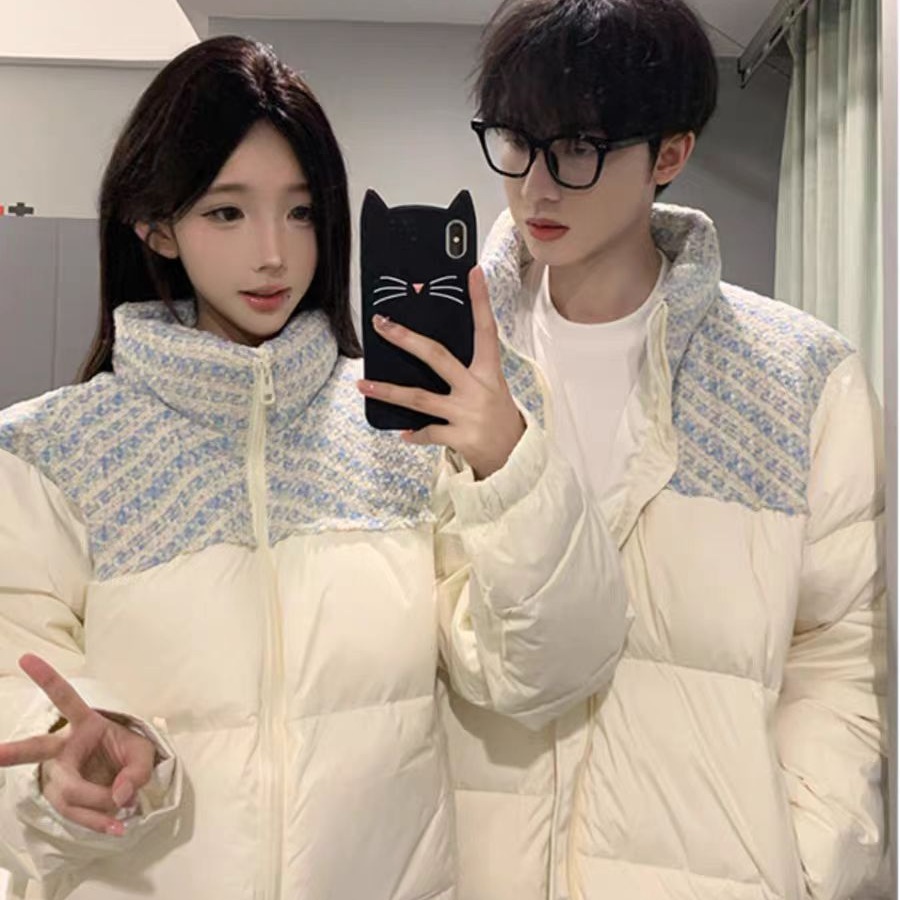 国潮牌小香风拼接羽绒服女2025冬季新款高级感情侣保暖棉服棉衣女